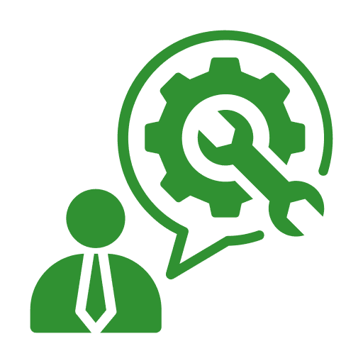 Person with speech bubble and gear symbol.