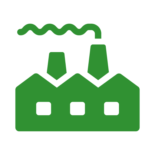 Green factory icon with smoke stacks.